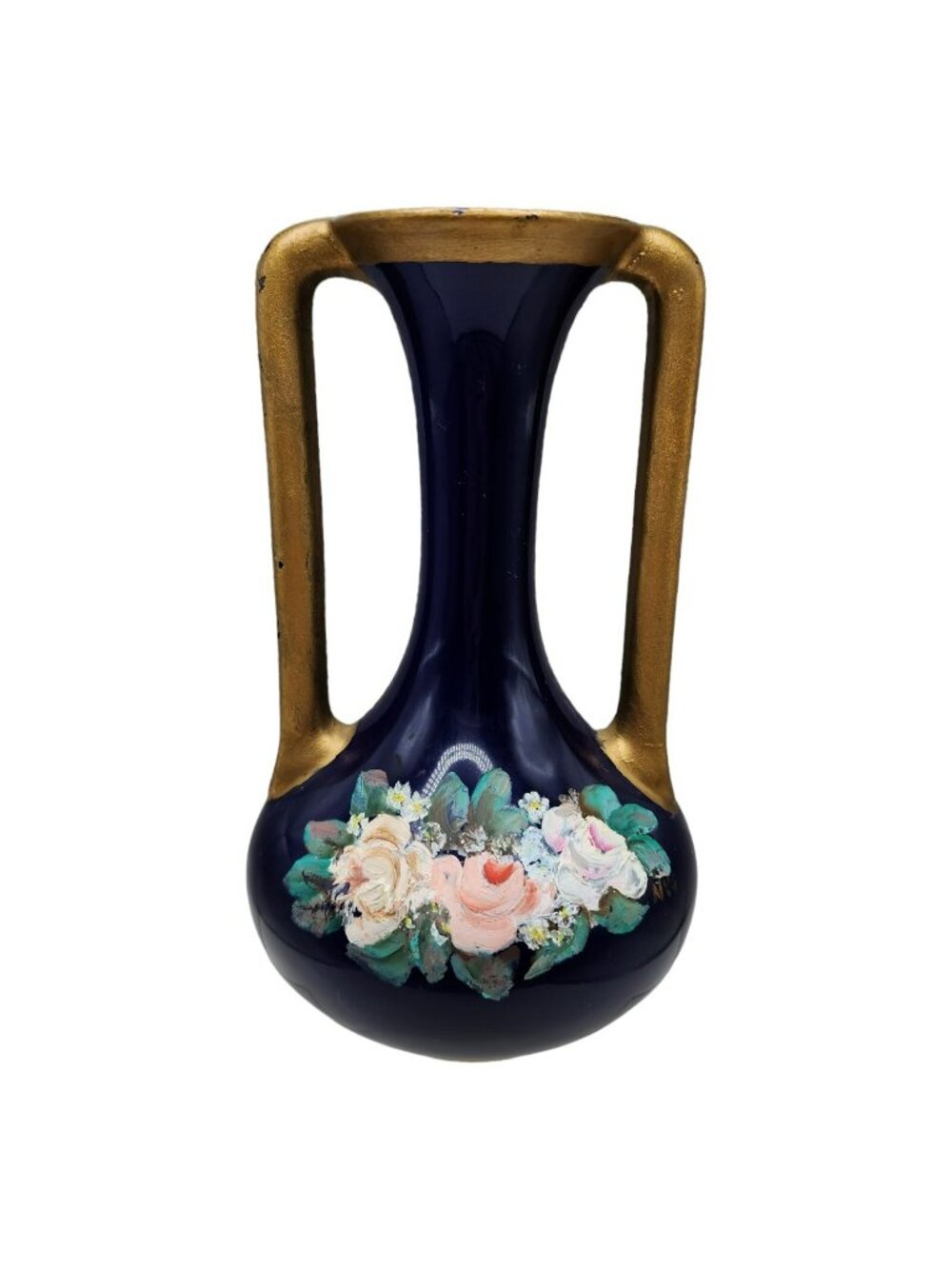 Vtg Cobalt Blue Hand Painted Pottery Art Deco Double Handle Vase Made in USA